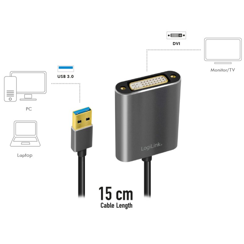 LogiLink Carte vidéo USB 3.0 vers DVI, noir, 1920×1080 px