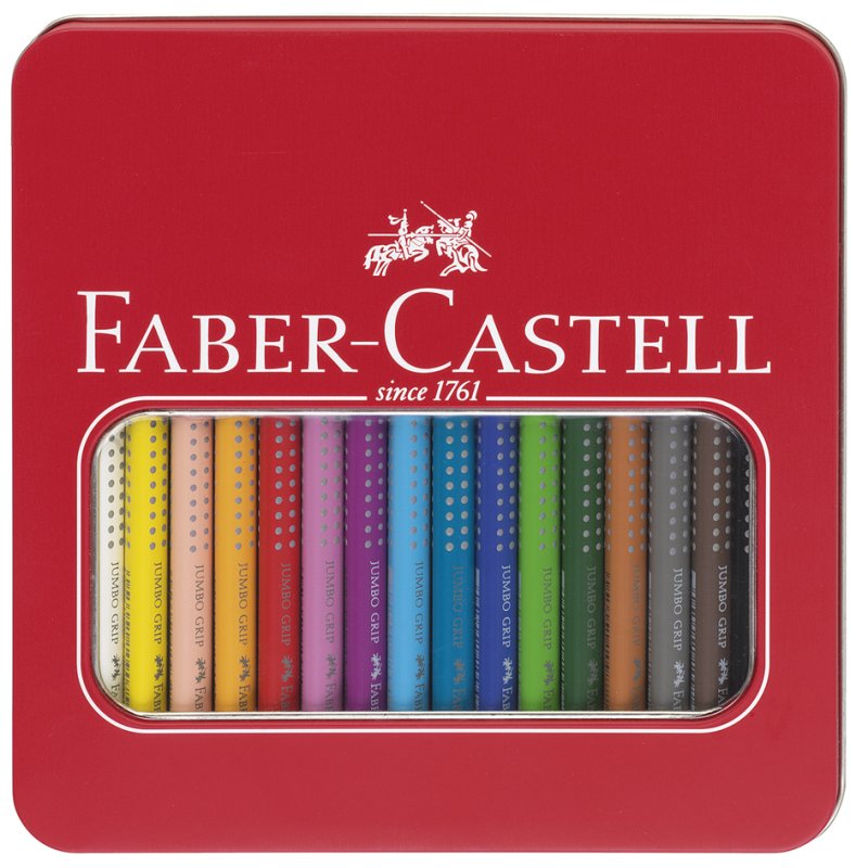 Faber-Castell Jumbo GRIP colouring pencils, triangular, 16 pieces, metal case