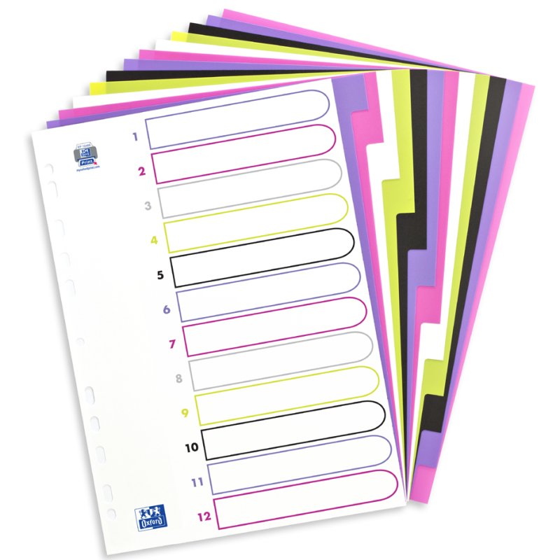 Oxford intercalaires plastique myColour A4, 12 parties, blancs