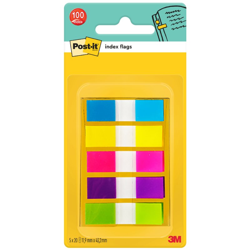 Post-it Index Mini marqueurs, 11,9 × 43,2 mm, 5 couleurs, 5 × 20 pièces