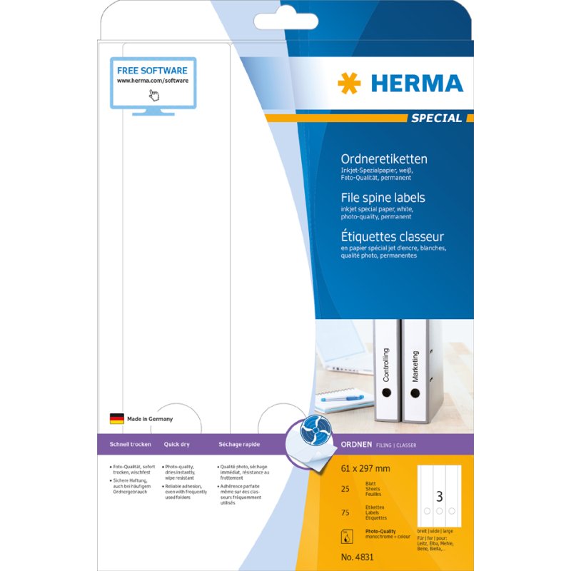 HERMA étiquettes dos de classeur SPECIAL, 297×61 mm, blanc, 75 pièces