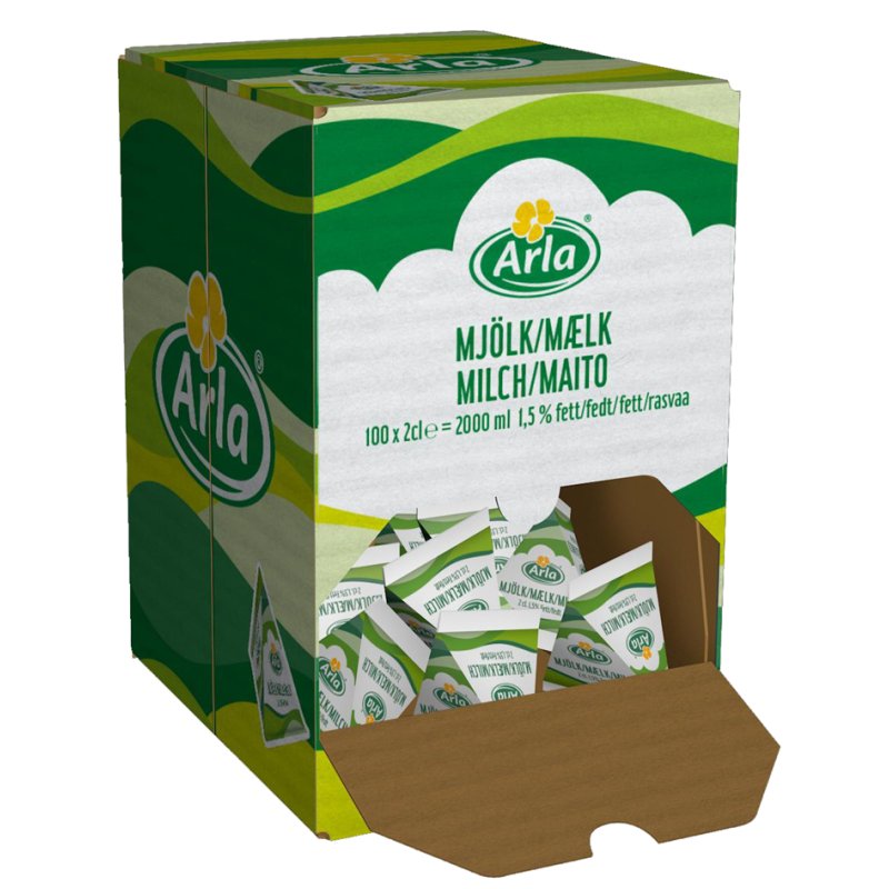 HELLMA Arla melkporties, 1,5% vet, 100 stuks à 20 ml, displaydoos