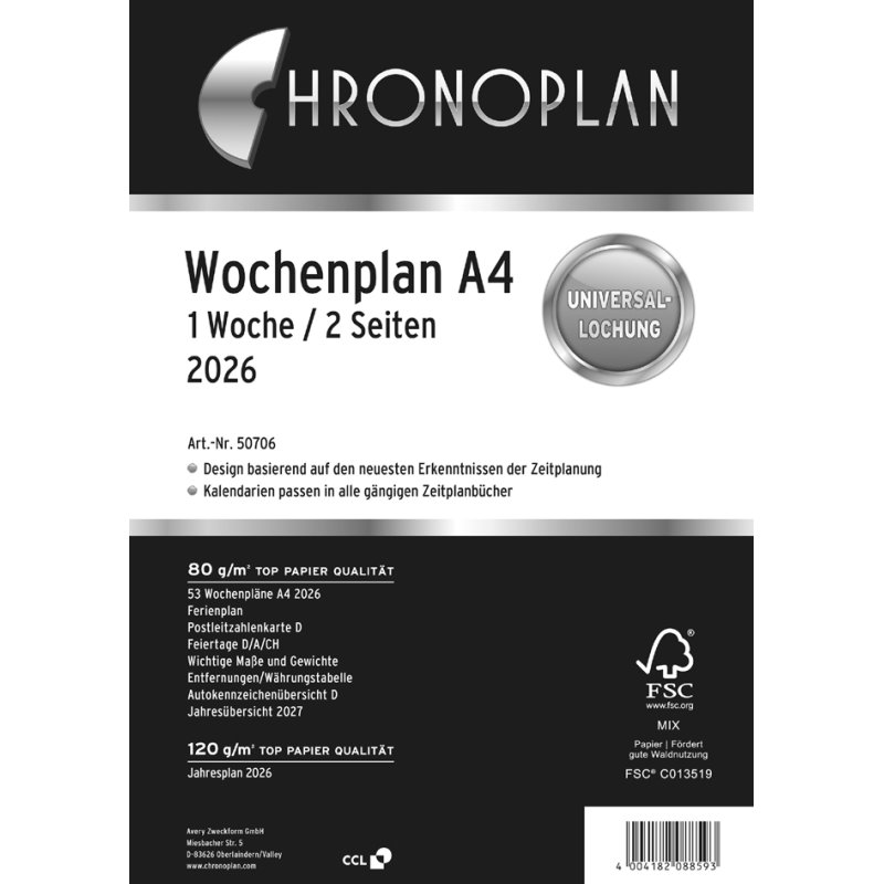 CHRONOPLAN weekplanner 2027, 1 week/2 pagina's, A4, universele perforatie