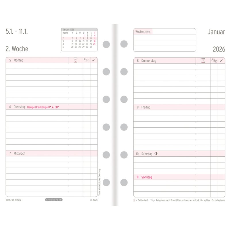 CHRONOPLAN Weekplanner 2027, Mini, 1 week/2 pagina's, universele perforatie