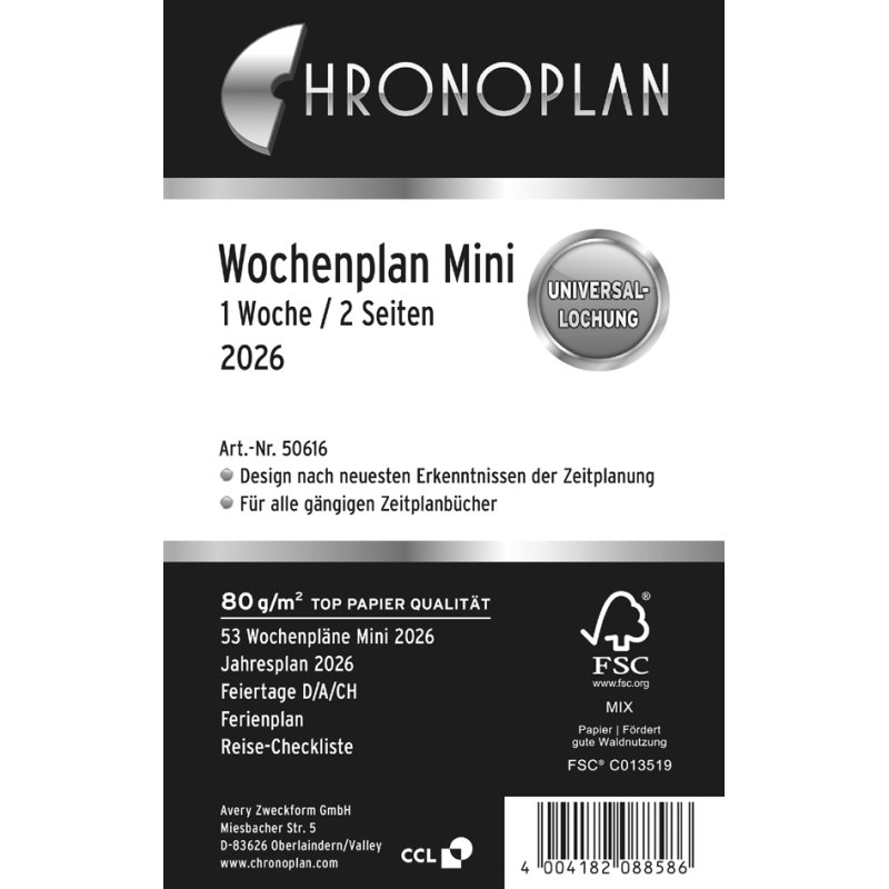 CHRONOPLAN Weekplanner 2027, Mini, 1 week/2 pagina's, universele perforatie