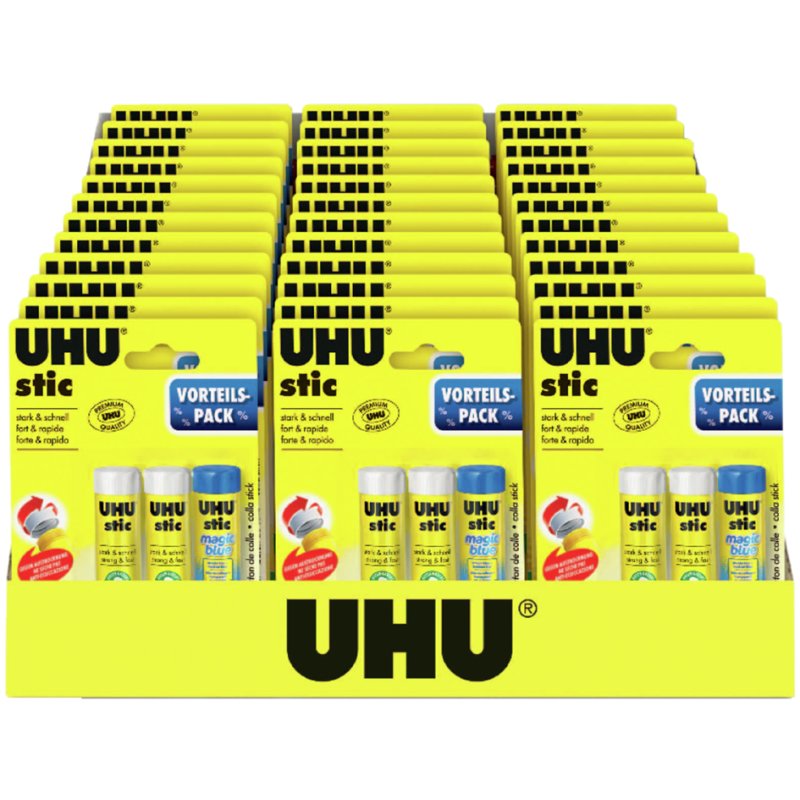 UHU glue stick set, 2 regular + 1 magic blue, 21 g, 24 blister cards