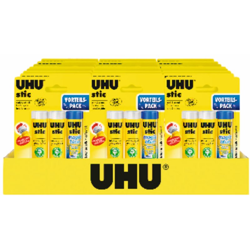 UHU glue stick set, 2 regular + 1 magic blue, 21 g, 24 blister cards