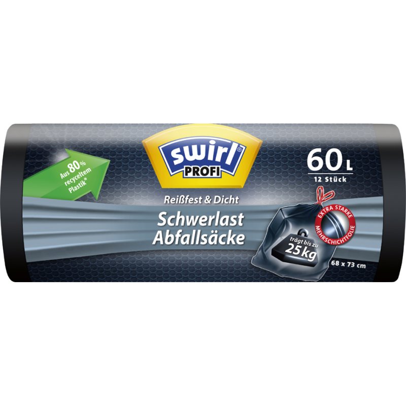 swirl heavy-duty vuilniszakken, zwart, 60 liter, trekband, 12 stuks
