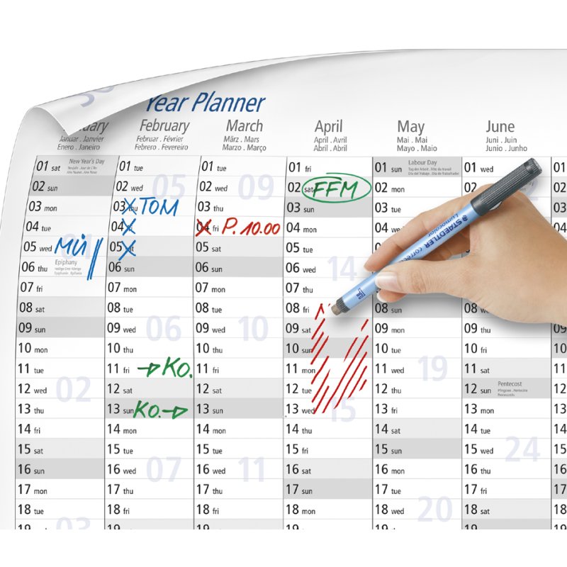 STAEDTLER planificateur annuel 2026, bleu/blanc, 594 × 841 mm, plastique, effaçable à sec