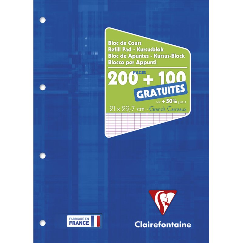 Clairefontaine cahier avec marge perforée A4, quadrillé 5×5, 300 pages