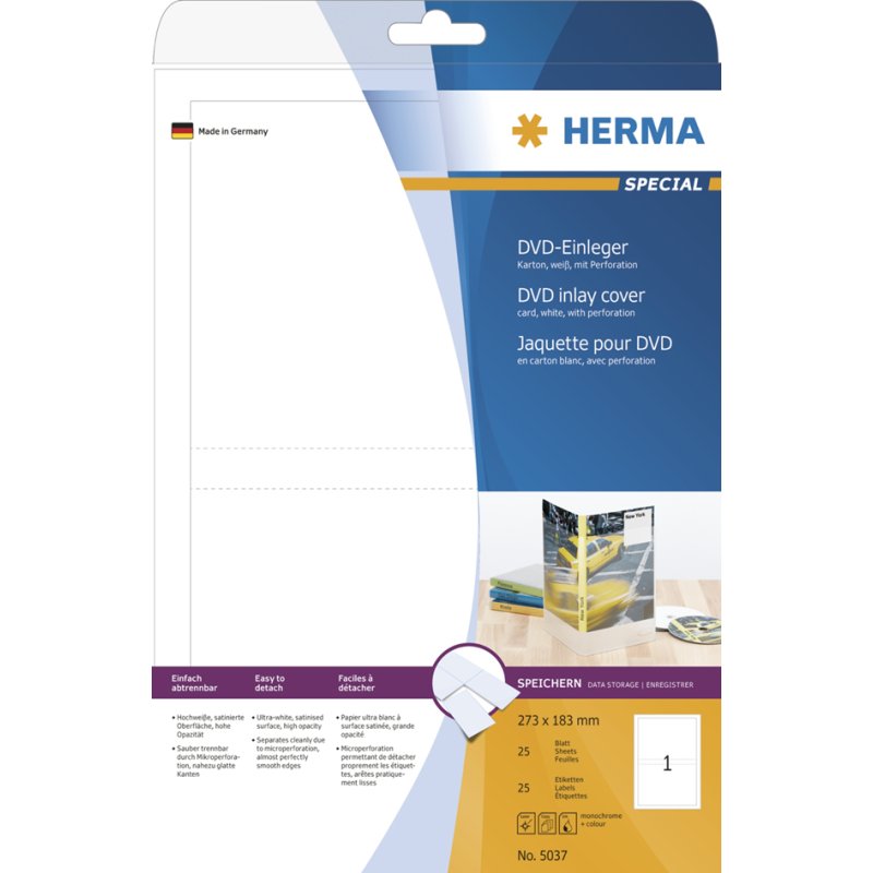 HERMA Feuilles intercalaires DVD pour boîtiers, 183,0 × 273,0 mm, blanc, 25 pièces