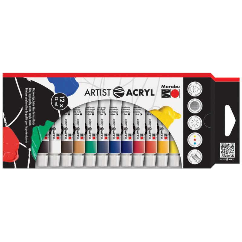 Marabu acrylverf set Artist Acryl, 12 kleuren, 12 × 12 ml