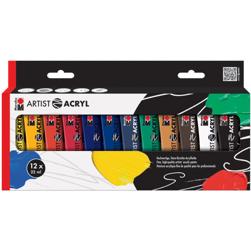 Marabu Artist Acryl acrylverfset, 12 kleuren, 12 × 22 ml