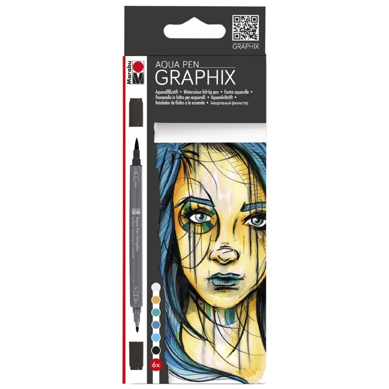 Marabu aquarelfineliners GRAPHIX, dubbelspitze, 6 kleuren