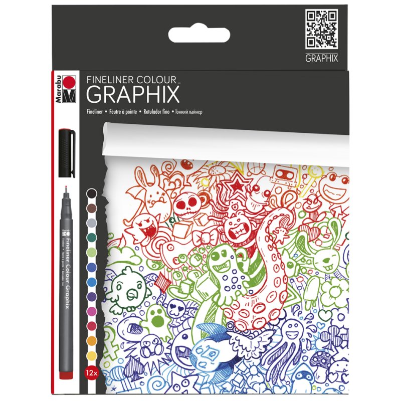 Marabu fineliner Colour Graphix Doodle Supreme, 0,5 mm, watergedragen, 12 stuks