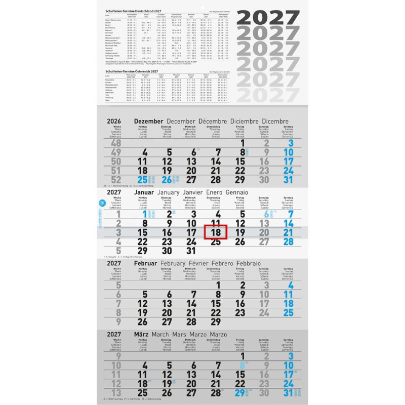 Glocken calendrier mural 4 mois, 300 x 590 mm, gris
