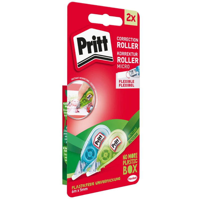 Pritt rouleau correcteur micro, 5 mm × 6 m, vert & bleu, 2 pièces