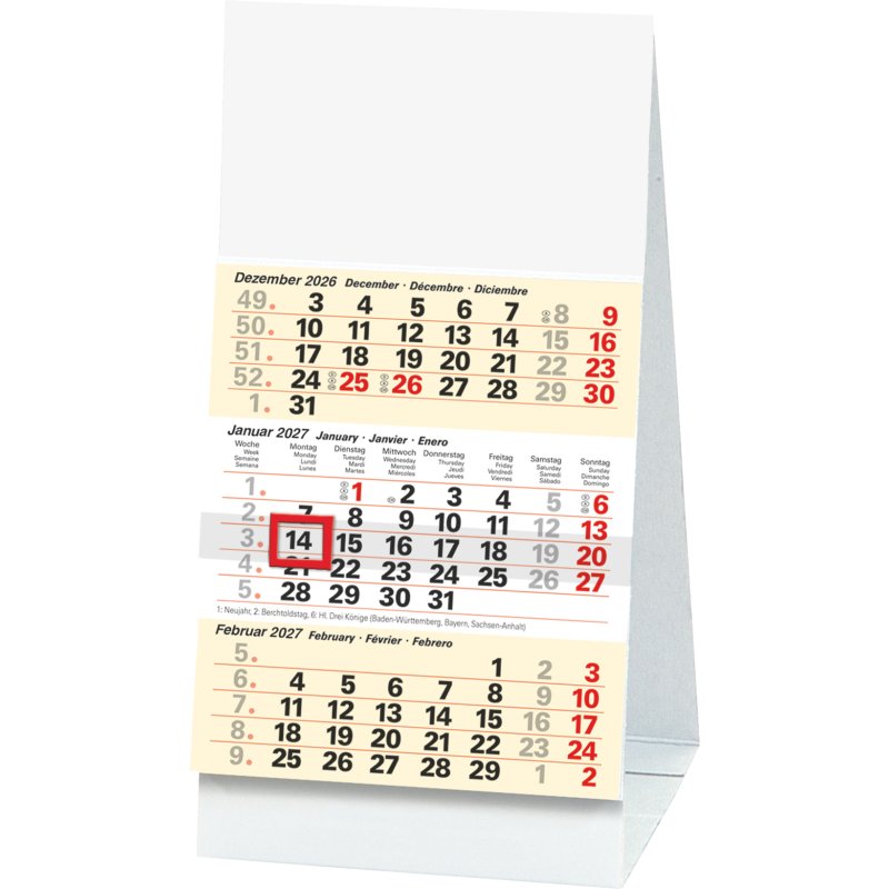 Glocken Calendrier de Bureau 3-mois, noir/rouge, 97 x 190 mm