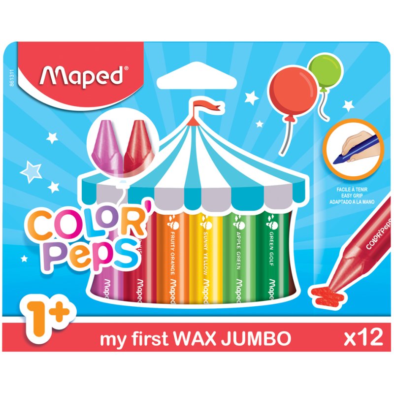 Maped mes premiers gros crayons de couleur lavables, triangulaire, assorties, 12 pièces