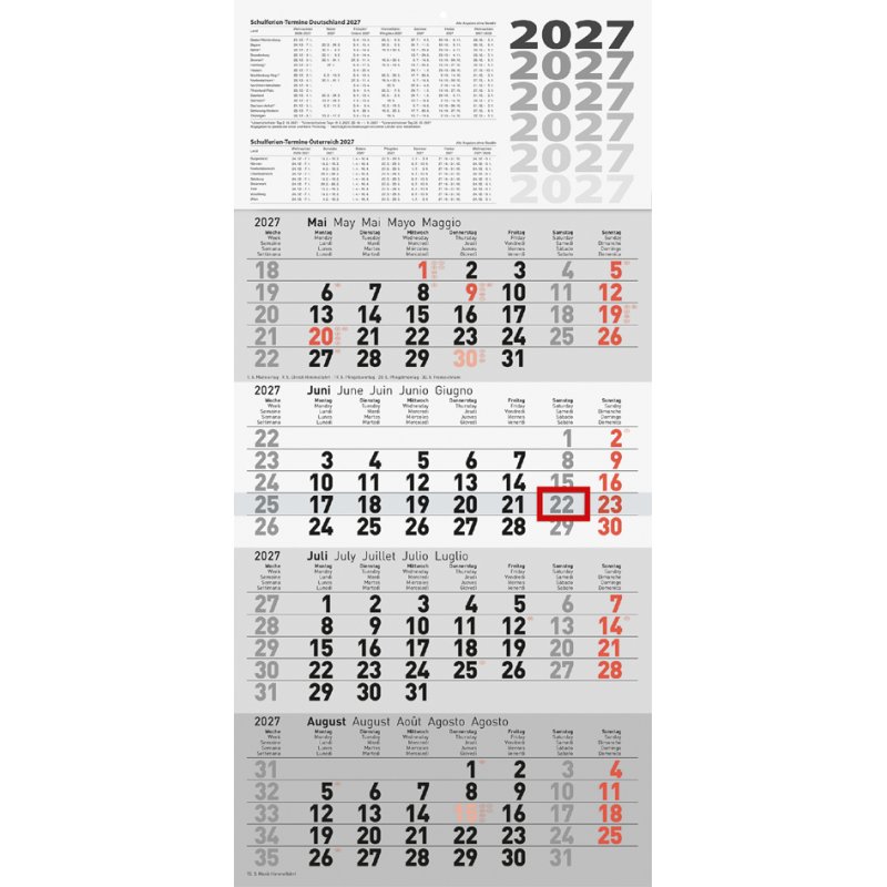 rido idé Calendrier mural quattroplan, calendrier 4 mois, 300 × 650 mm