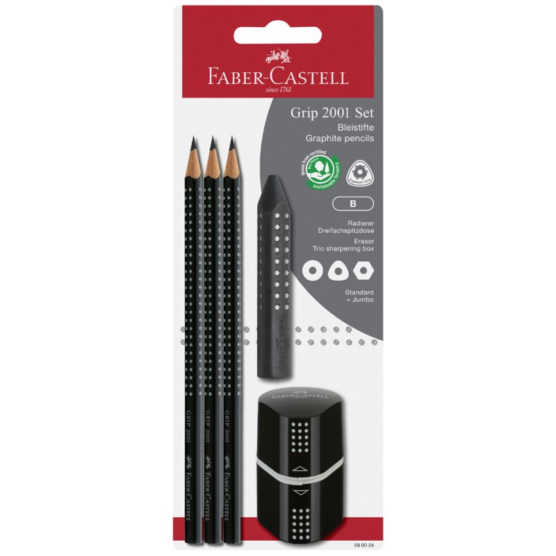 Faber-Castell crayons GRIP 2001, noir, degré de dureté B, 3 pièces avec gomme et taille-crayon
