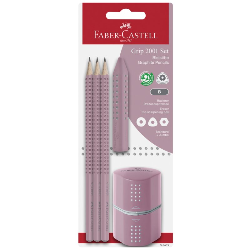 Faber-Castell crayons GRIP 2001, noir, degré de dureté B, 3 pièces avec gomme et taille-crayon