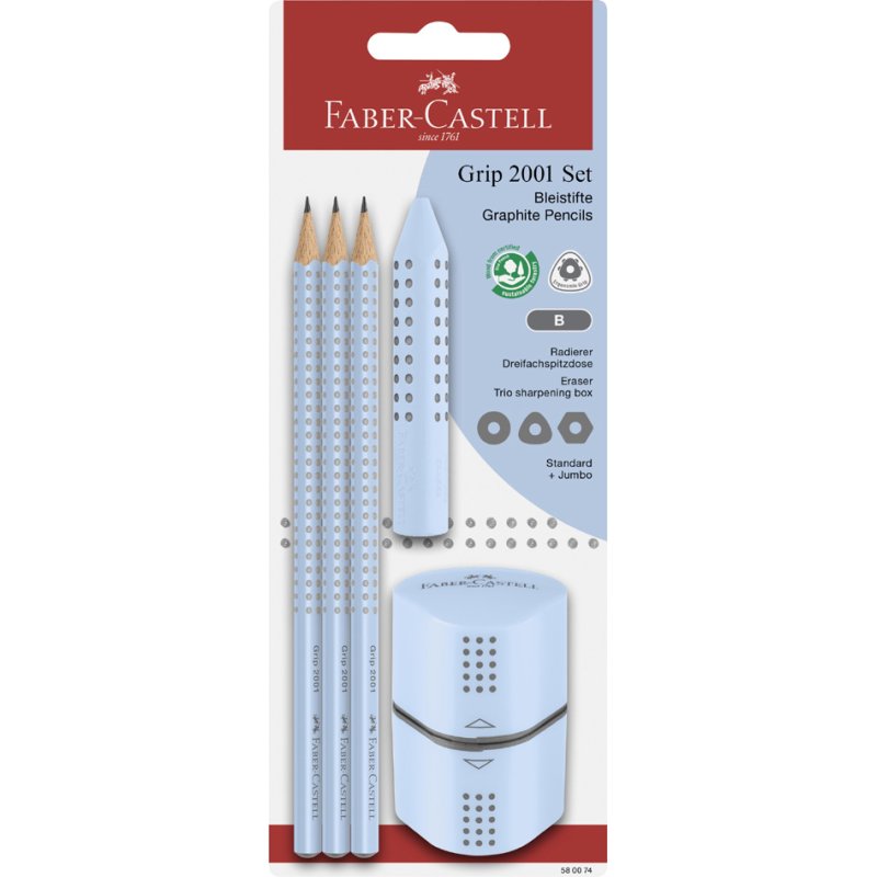 Faber-Castell crayons GRIP 2001, noir, degré de dureté B, 3 pièces avec gomme et taille-crayon