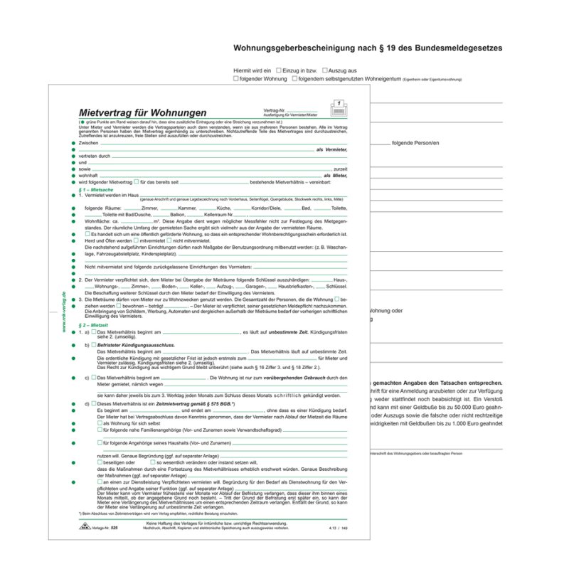 RNK Verlag rental contract forms for housing, white, A4, 8-sided folded, 10 contracts