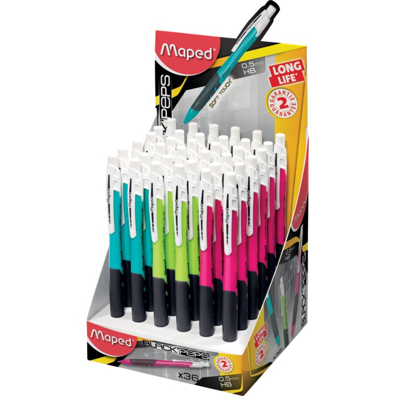 Maped mechanical pencil, metal tip with eraser and clip, coloured grip, 36 pieces