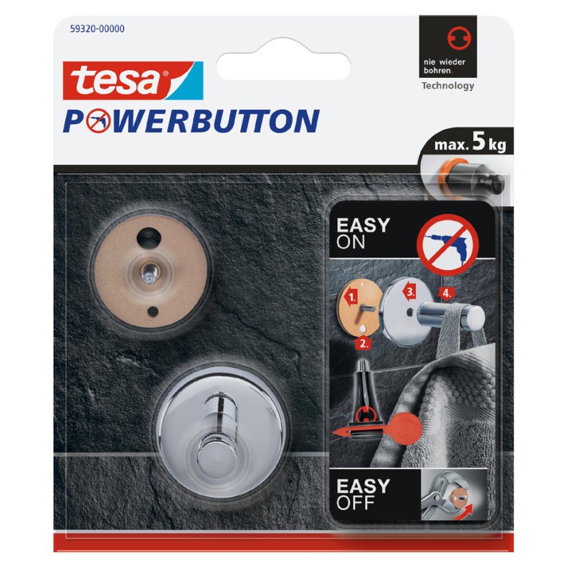 tesa Powerbutton haken universeel middelmaat, zilver, verchroomd, 6 kg draagkracht