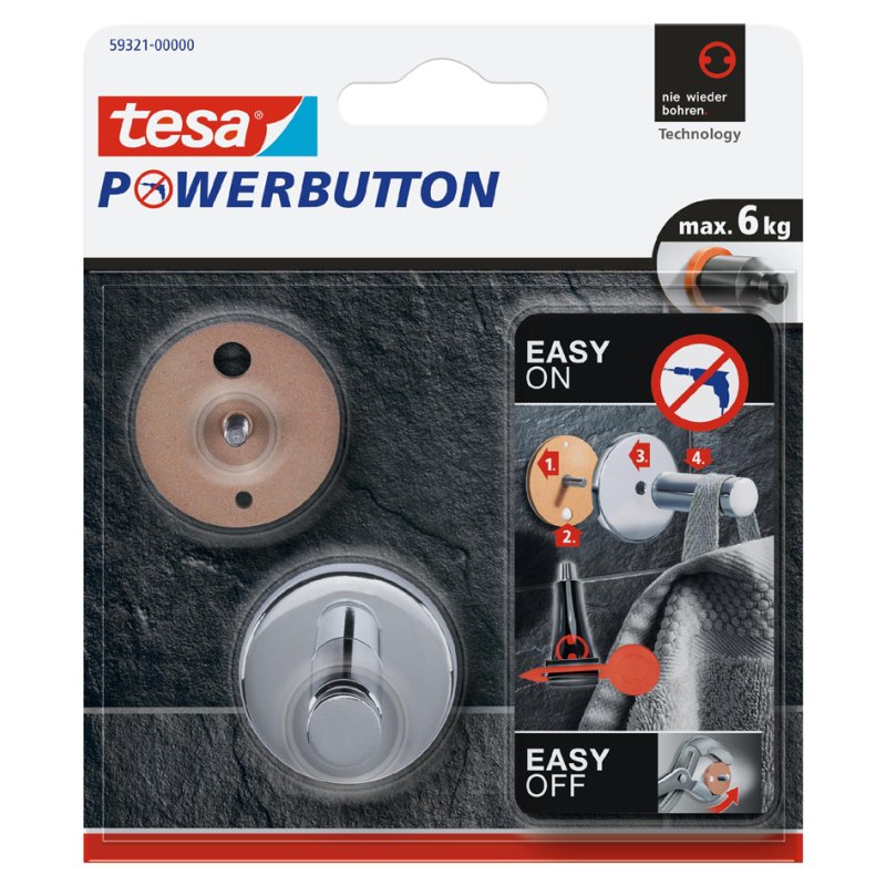tesa Powerbutton haken universeel middelmaat, zilver, verchroomd, 6 kg draagkracht