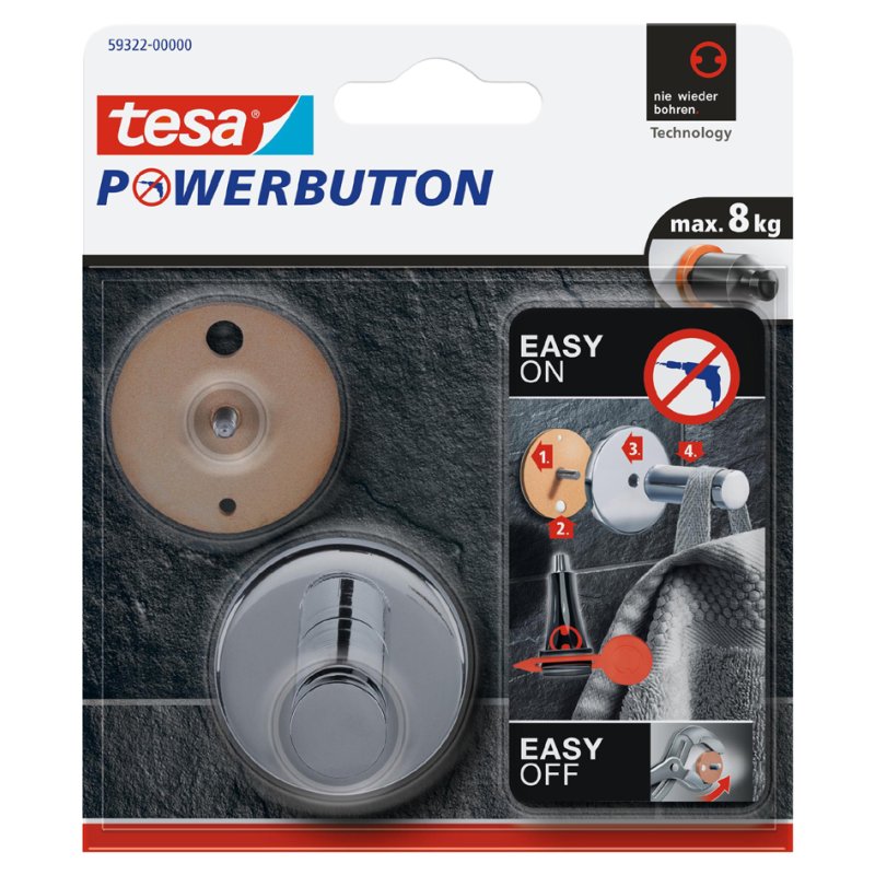tesa Powerbutton haken universeel middelmaat, zilver, verchroomd, 6 kg draagkracht