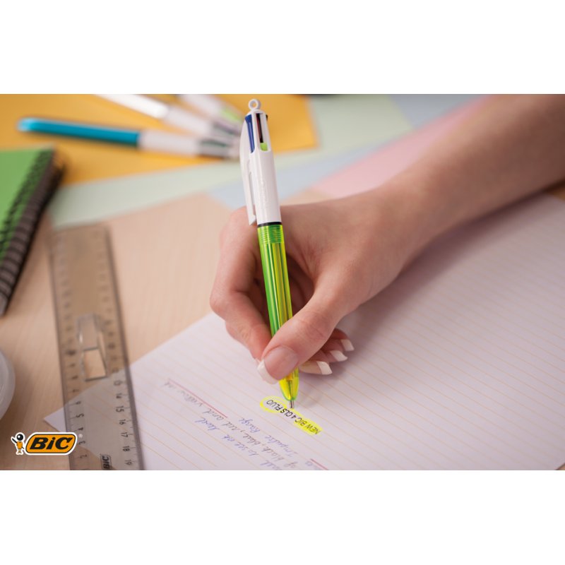 Bic Stylo 4 couleurs, rechargeable, bleu/noir/rouge/jaune néon, clip