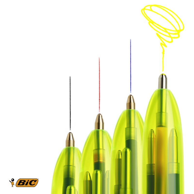 Bic Stylo 4 couleurs, rechargeable, bleu/noir/rouge/jaune néon, clip