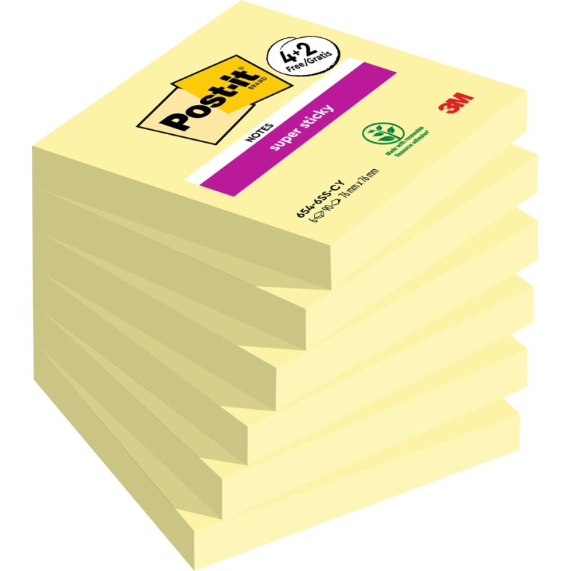 Post-it notitieblokjes super sticky, 76×76 mm, geel, 6 blokken
