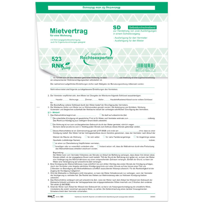 RNK Verlag rental contract forms for dwellings, white/green, self-copying, A4, 25 pieces