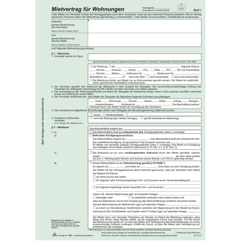 RNK Verlag form Universal-Mietvertrag for dwellings, white/green, A4, self-copying, 25 pieces