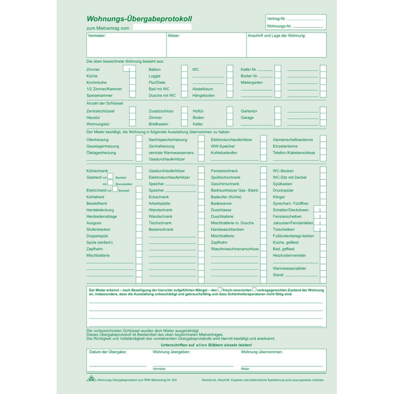 RNK Verlag form Universal-Mietvertrag for dwellings, white/green, A4, self-copying, 25 pieces