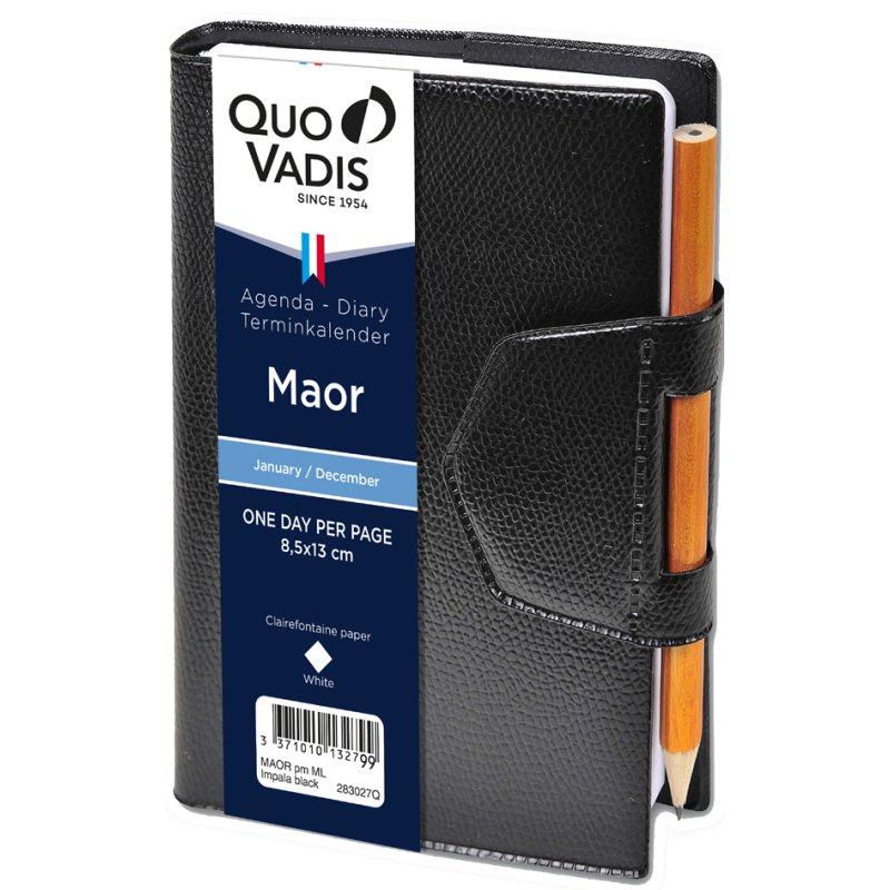 QUO VADIS MAOR pocket diary 2026, 85 x 130 mm, black, with pencil included