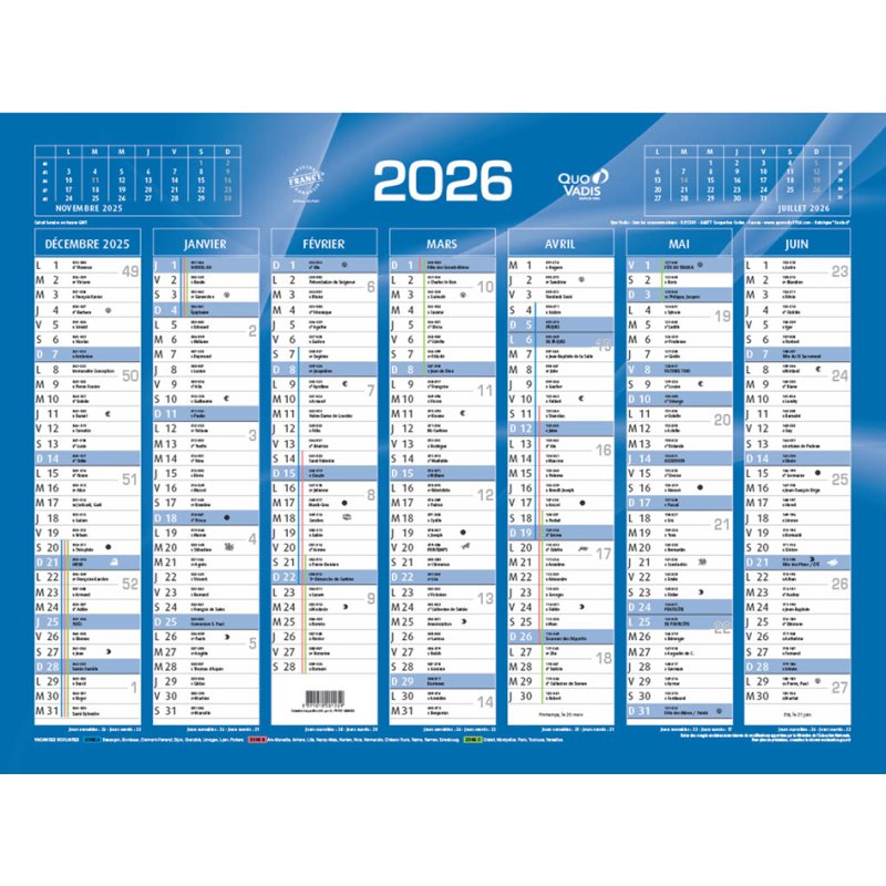 QUO VADIS bankkalender 2026, blauw, 430 × 335 mm, 13 maanden