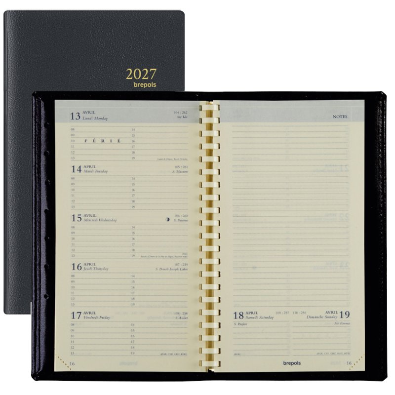 Brepols Agenda Hebdomadaire Notaplan 2026 noir spirale 90x160mm