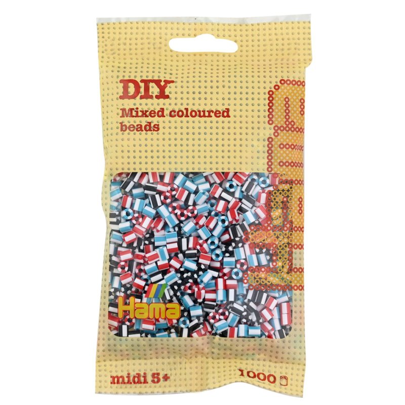 Hama strijkkralen midi strepen-kralen mix 91, 2-kleurig gestreept, wit/rood/azuur/zwart, 1000 stuks