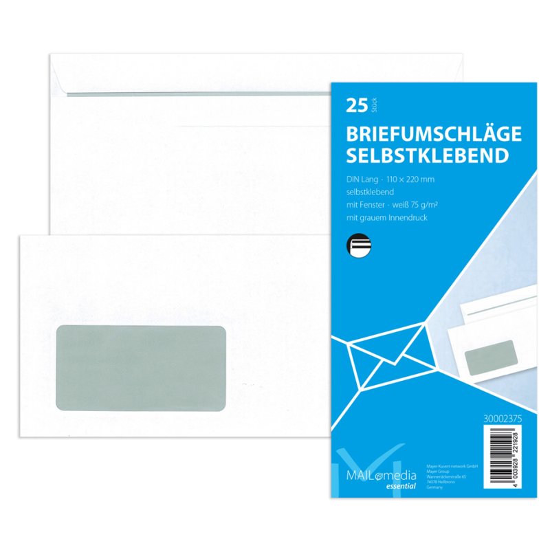 MAILmedia envelopes DIN Lang, white with window, self-adhesive, 100 pieces