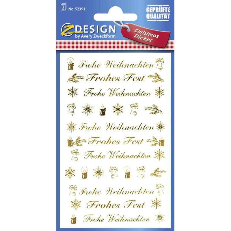 AVERY Zweckform stickers Vrolijk Kerstfeest, transparante folie goud, 9 stuks per vel, 2 vel