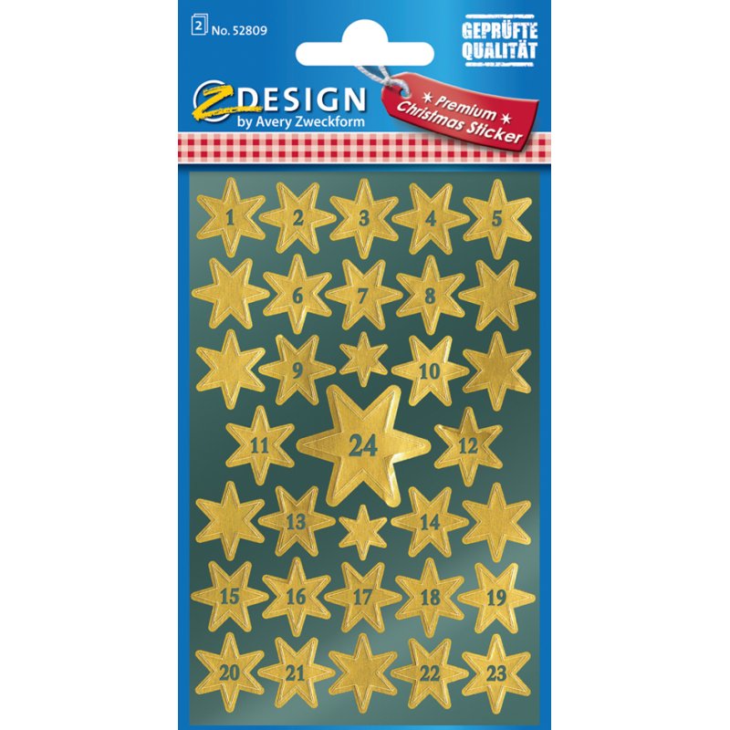 AVERY Zweckform Stickers Calendrier de l'Avent Étoiles, or, gaufré, 2 feuilles