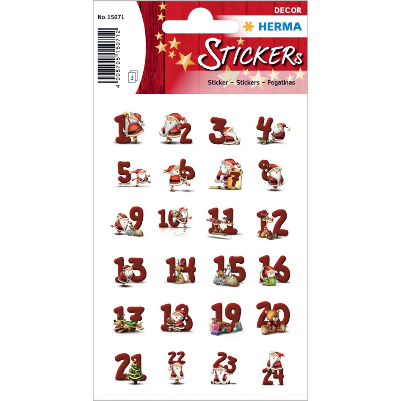 HERMA autocollants Noël numéros calendrier de l'Avent, pailletés, auto-adhésifs, 24 pièces