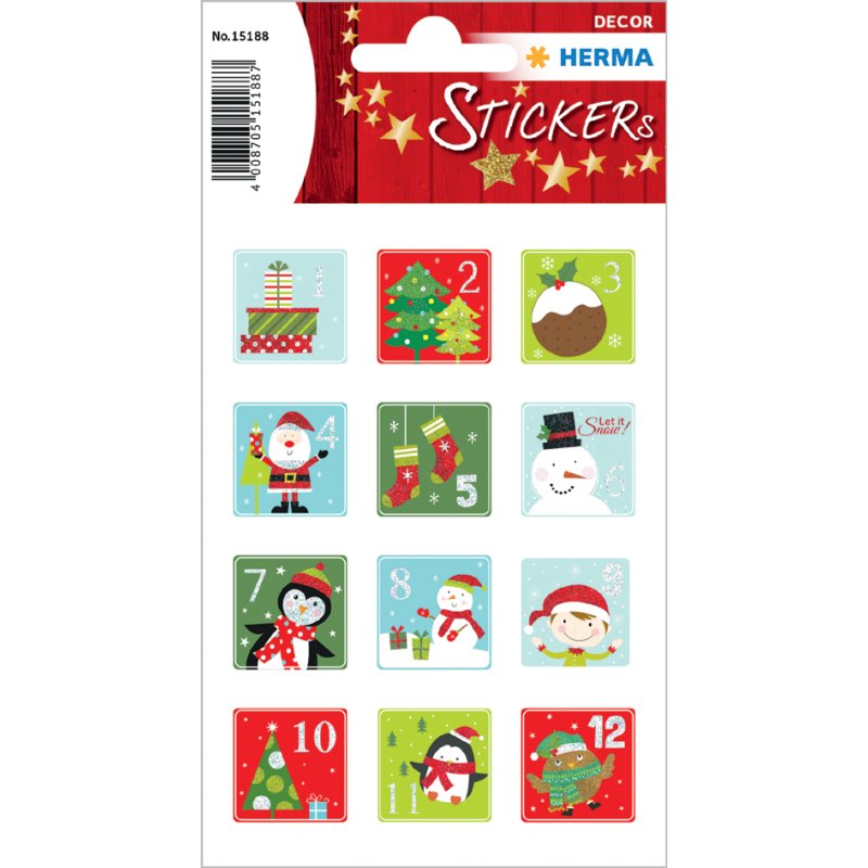 HERMA autocollants Noël numéros calendrier de l'Avent, pailletés, auto-adhésifs, 24 pièces