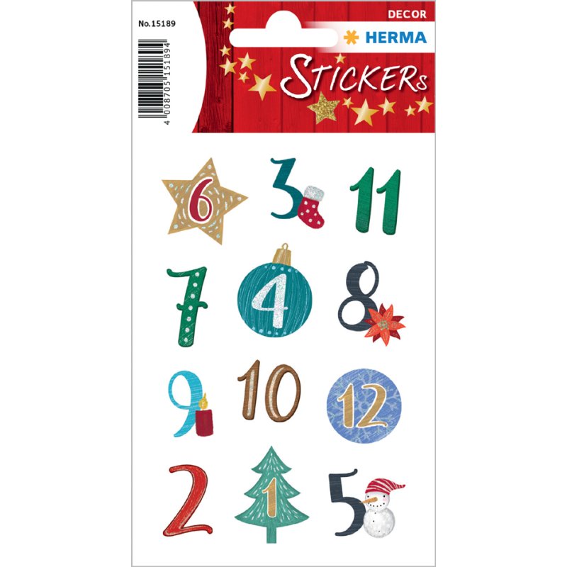 HERMA autocollants Noël numéros calendrier de l'Avent, pailletés, auto-adhésifs, 24 pièces