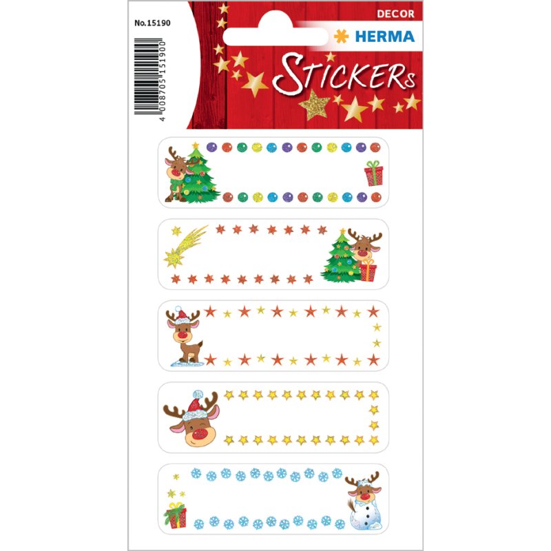 HERMA feuilles d'autocollants Noël Petit Renne, paillettées, 67×20 mm, 2 feuilles à 5 stickers