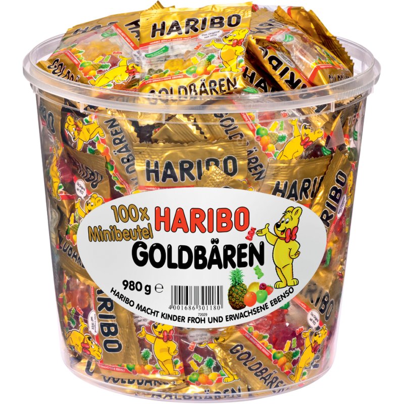 HARIBO Oursons d'Or Minis bonbons gélifiés, boîte refermable, 100 sachets de 10g